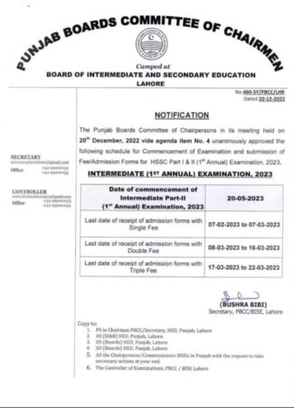 12th Class Date Sheet 2024 BISE Lahore Board