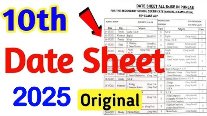 10th Class Date Sheet 2025 Bise Multan Board